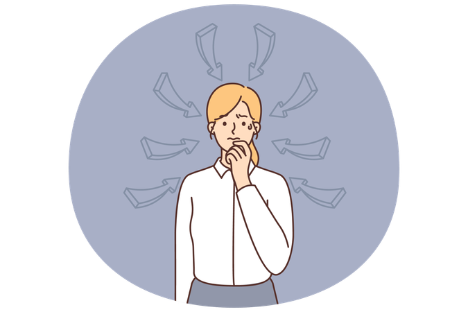 Girl touches lips thinking about ways to solve financial problems arises due to layoff at work  Illustration