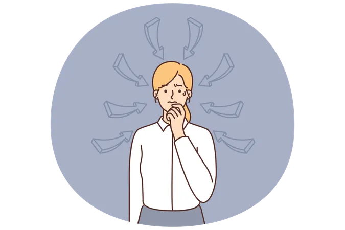 Girl touches lips thinking about ways to solve financial problems arises due to layoff at work  Illustration