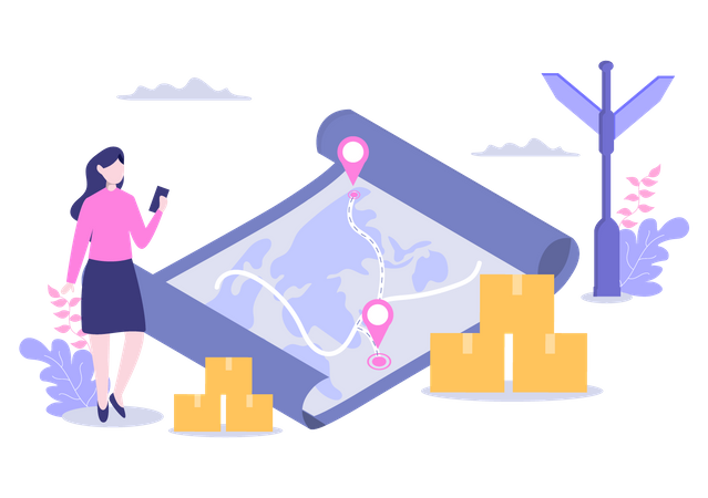 Girl tracking delivery parcel  Illustration