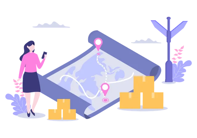 Girl tracking delivery parcel  Illustration