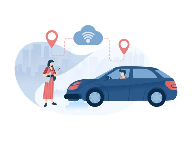 Girl tracking taxi status  Illustration