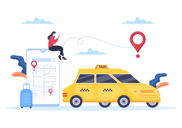 Girl tracking taxi using app Illustration
