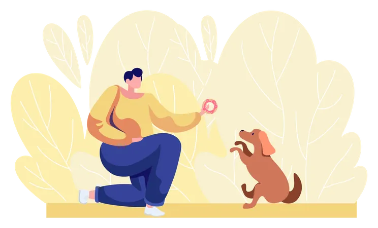 Young Girl Training Dog To Do Tricks Female Teaches Her Dog To Sit Command Cartoon Vector Illustration Woman Playing Her Pet Happy Puppy Having Command Lesson Good Trainer Outdoor Activities Illustration
