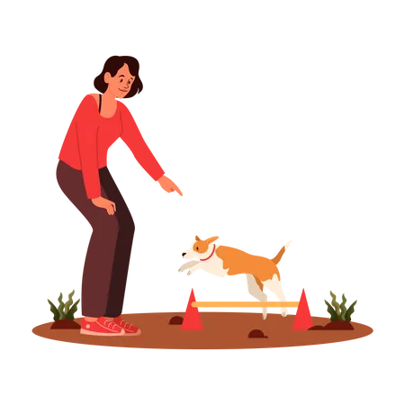 Dog Agility Hurdle Training Exercise For Pet Man Training His Pet Dog Happy Puppy Having Agility Lesson Good Trainer Outdoor Isolated Vector Illustration In Cartoon Style Illustration