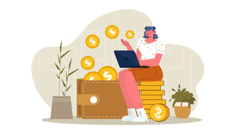 Girl transfer money in wallet  Illustration