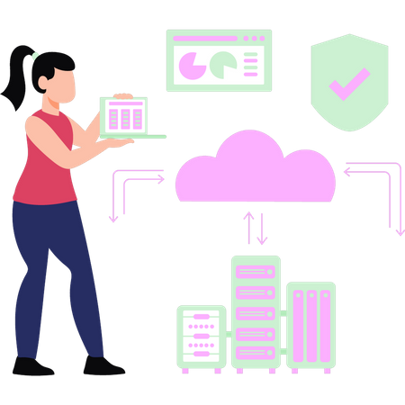 Girl  transferring  cloud data  Illustration
