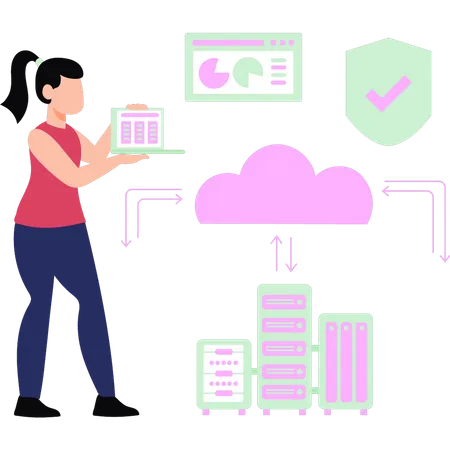 Girl  transferring  cloud data  Illustration