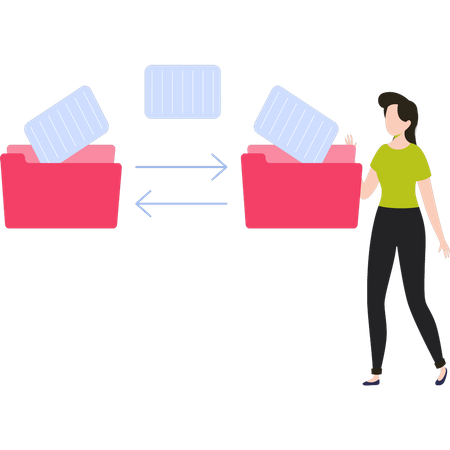 Girl transferring files from folder  Illustration