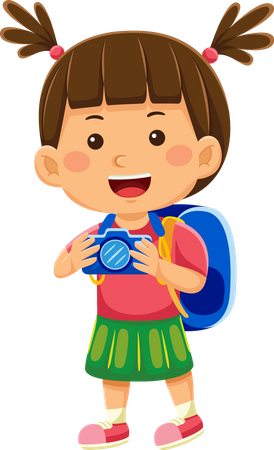 Girl Traveler Holding Camera Taking Picture  Illustration