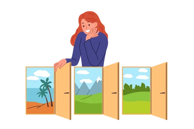 Girl traveler makes travel plan and chooses place to relax stands near door with beach or mountains  Illustration