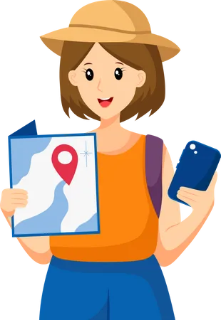 Girl Traveling Looking at the Map  Illustration