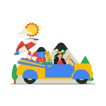 Girl Travelling by car  Illustration