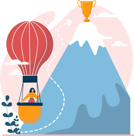 Girl travelling in air balloon for achieving trophy  Illustration