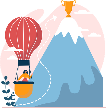 Girl travelling in air balloon for achieving trophy  Illustration