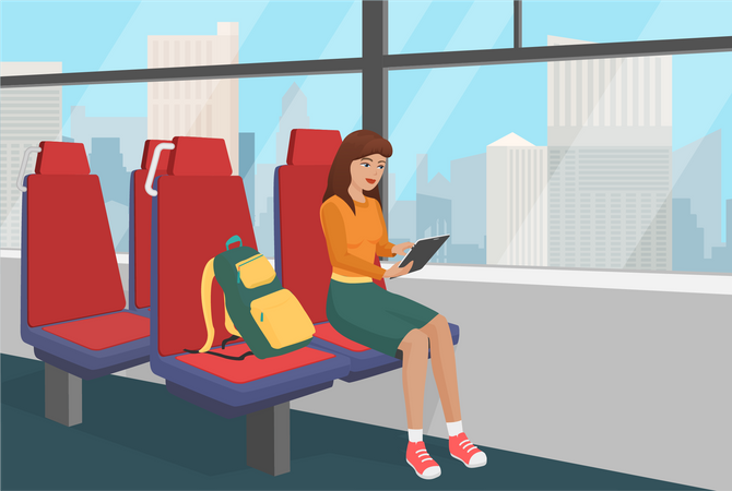 Girl travelling in bus  イラスト