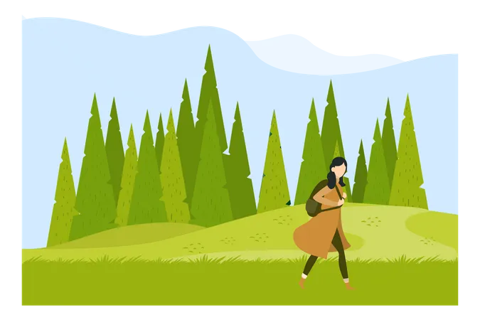 A Girl Going For Tour In Hills And Forests Illustration
