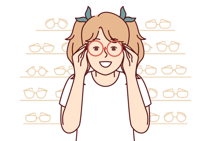 Girl tries new eye glasses in optical store  イラスト