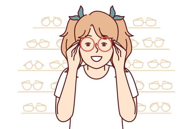 Girl tries new eye glasses in optical store  イラスト