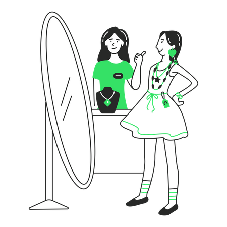 Girl tries on a dress in front of the mirror Illustration