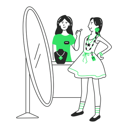 Girl tries on a dress in front of the mirror  Illustration