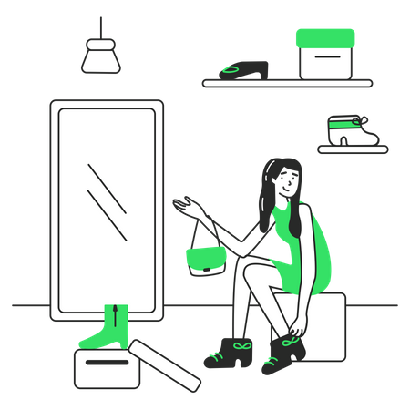 Girl tries on shoes in a store  Illustration