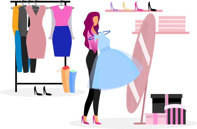 Girl trying clothes in trial room Illustration