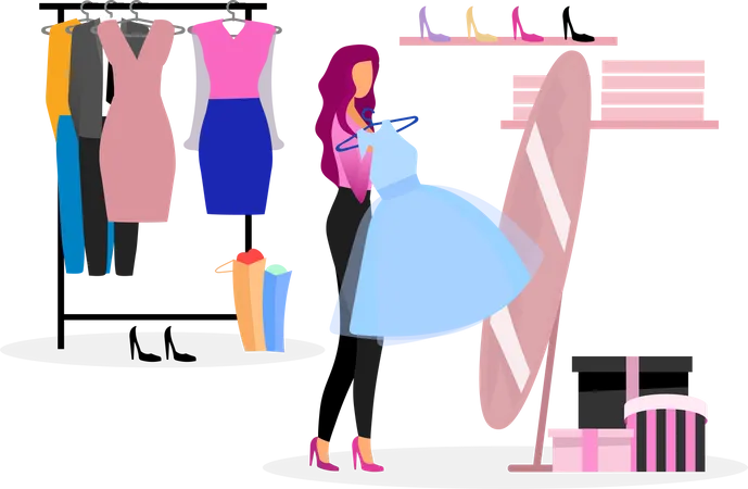 Girl trying clothes in trial room Illustration