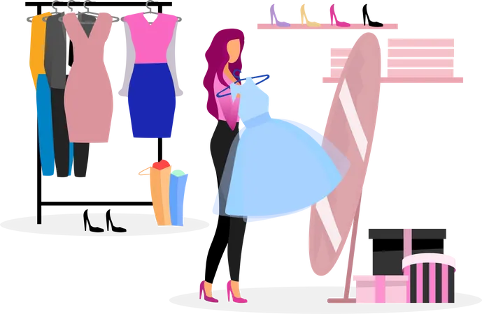 Girl trying clothes in trial room  Illustration