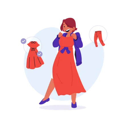 Girl trying dress for shopping Illustration