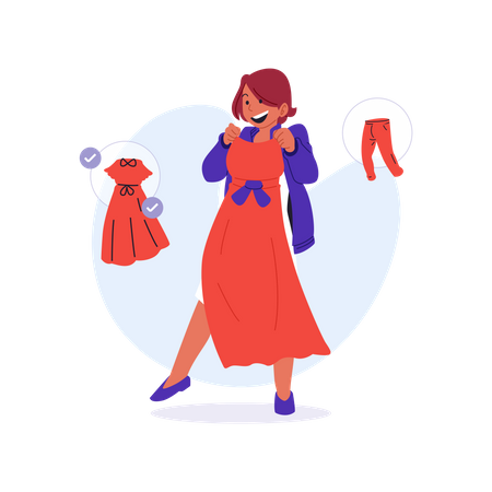 Girl trying dress for shopping  Illustration