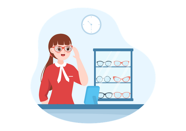 Girl trying glasses  イラスト