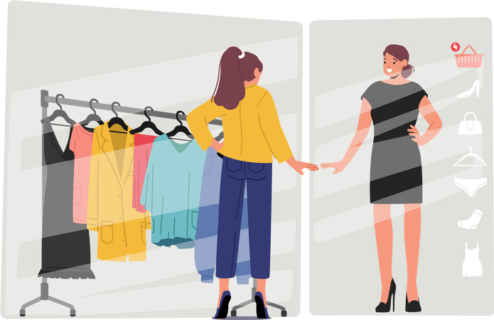 Girl trying on clothes using online app Illustration