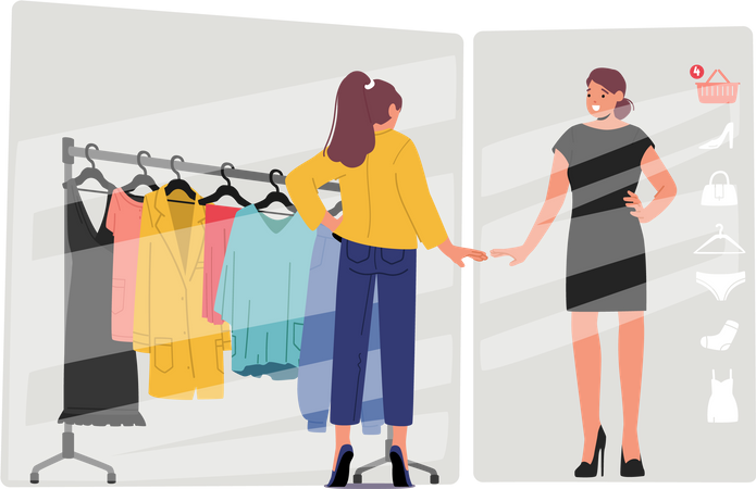 Girl trying on clothes using online app  Illustration