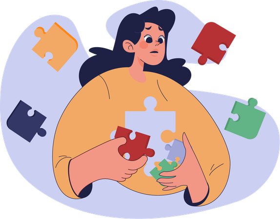 Girl trying to solving jigsaw puzzle  Illustration