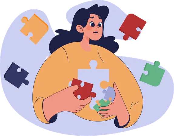 Girl trying to solving jigsaw puzzle  Illustration