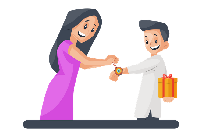 Girl tying rakhi to his brother  イラスト