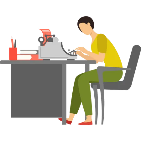 The Girl Is Typing On The Typewriter Illustration