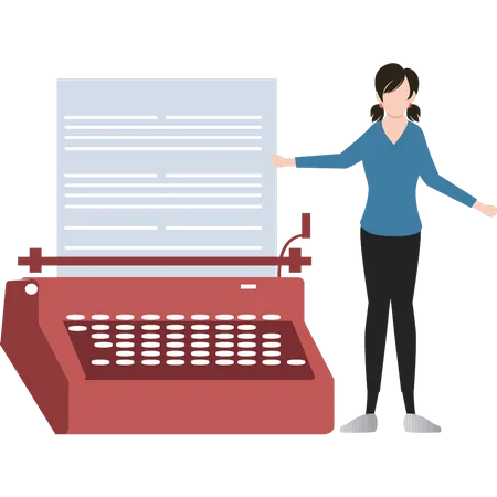 Girl Typing Paper With Typewriter  Illustration