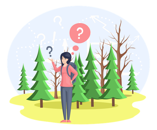 Girl unable to find way in forest Illustration