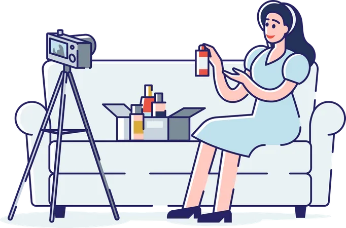 Girl Beauty Blogger Filming New Video For Channel Presenting New Cosmetics Review Modern Vlog Content And Social Media Influencer Concept Cartoon Vector Illustration Illustration