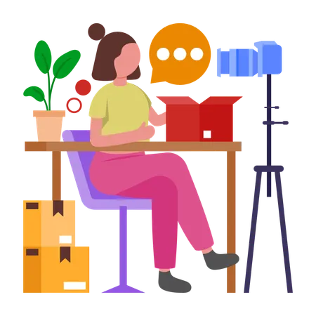Girl Unboxing Product on video stream  Illustration