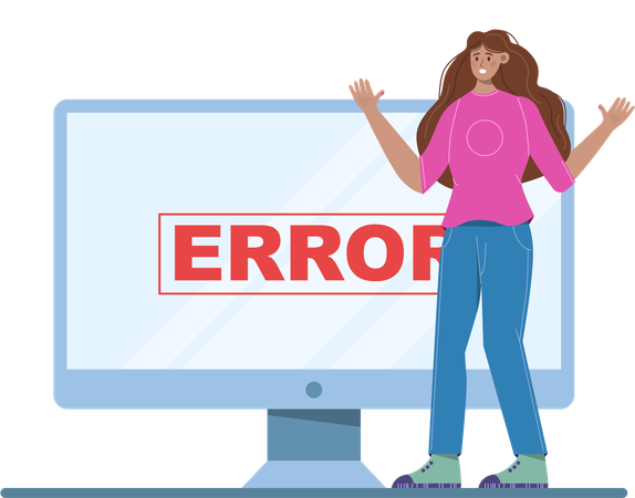 Girl uncertainly getting computer error  Illustration