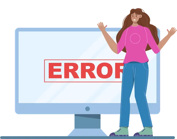 Girl uncertainly getting computer error  イラスト