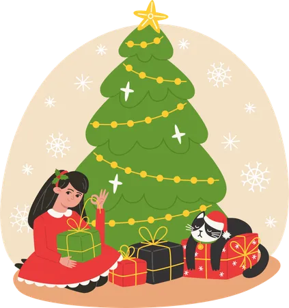 Girl unpacks gifts under the Christmas tree  イラスト