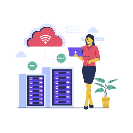 Girl use cloud hosting technology Illustration