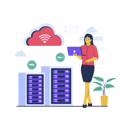 Girl use cloud hosting technology  Illustration