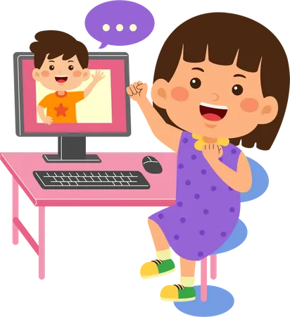 Cute Little Kid Girl Use Computer Illustration