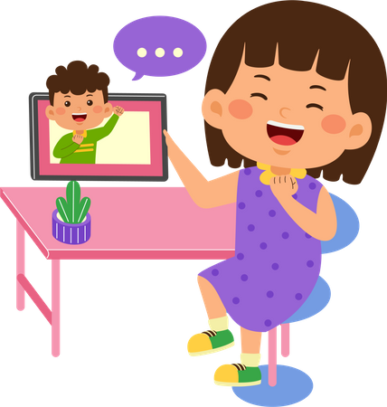 Girl use graphic tablet doing video call  Illustration