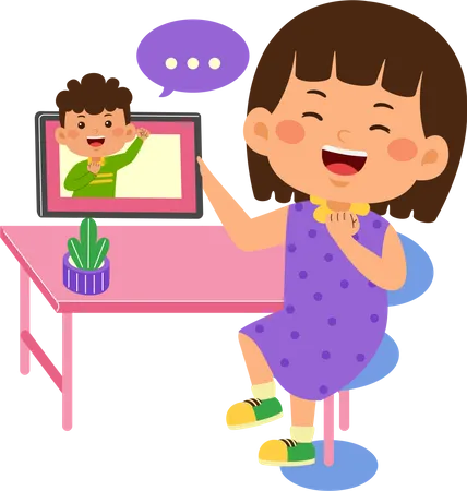 Cute Little Kid Girl Use Graphic Tablet Illustration