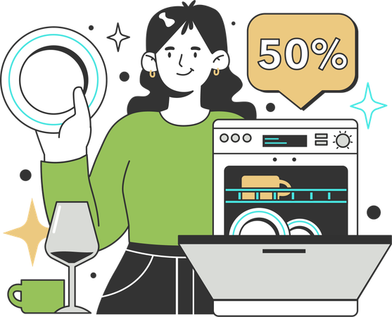 Girl use half load mode of  dish washer  Illustration